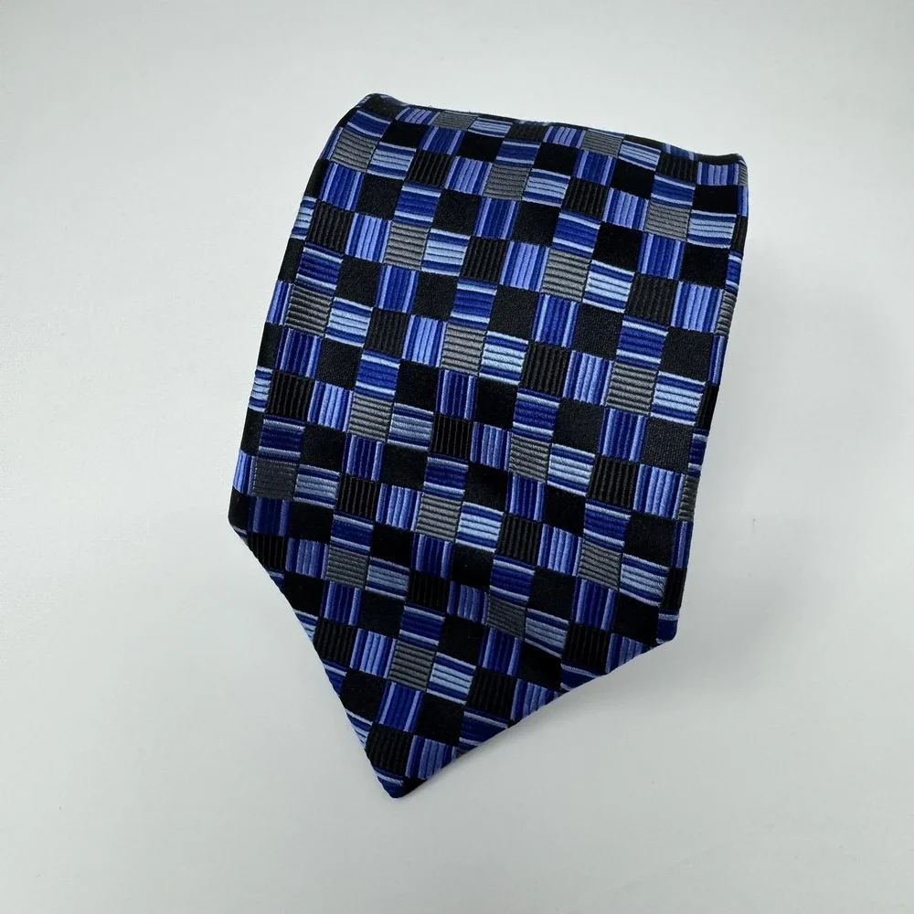 Burma Bibas Tie Mens One Size Blue Check Plaid 100% Silk Necktie Classic
